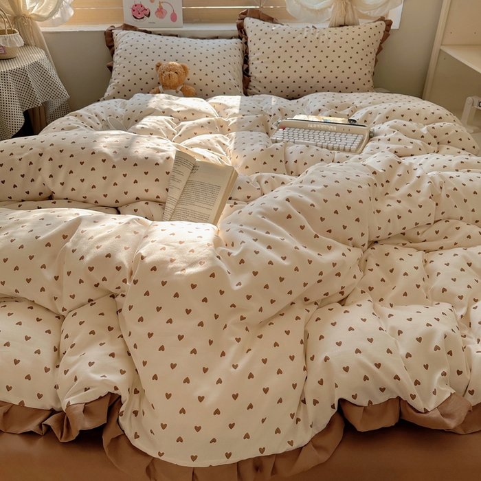 91家纺网 家纺一手货源 找家纺 （总）韩巢家纺 2025新款针织双层纱花边款被套直播热销款四件套学生宿舍床单三件套-（提供卖家秀）