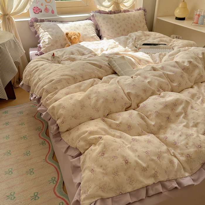 91家纺网 家纺一手货源 找家纺 韩巢家纺 2025新款针织双层纱花边款被套直播热销款四件套学生宿舍床单三件套-（提供卖家秀） 春意花开