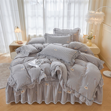 缦彩 2025新款全棉纯棉夹棉公主风花边床裙四件套 小萝莉
