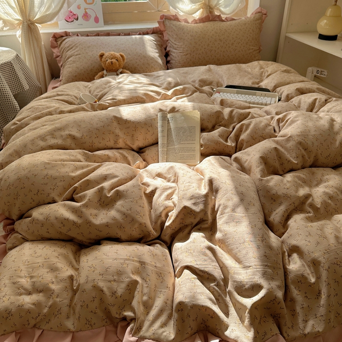 91家纺网 家纺一手货源 找家纺 韩巢家纺 2025新款针织双层纱花边款被套直播热销款四件套学生宿舍床单三件套-（提供卖家秀） 问秋棕