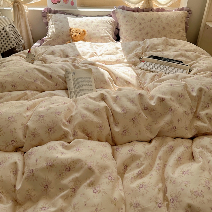 91家纺网 家纺一手货源 找家纺 韩巢家纺 2025新款针织双层纱花边款被套直播热销款四件套学生宿舍床单三件套-（提供卖家秀） 春意花开