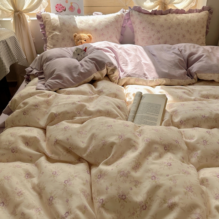 91家纺网 家纺一手货源 找家纺 韩巢家纺 2025新款针织双层纱花边款被套直播热销款四件套学生宿舍床单三件套-（提供卖家秀） 春意花开