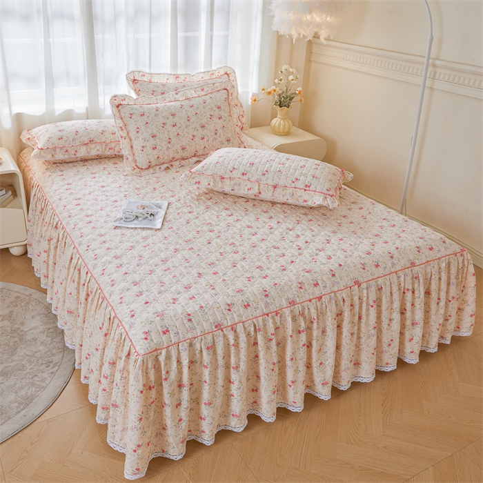 91家纺网 家纺一手货源 找家纺 缦彩 2025新款韩版A类全棉公主风纯棉夹棉床裙 雾岛听风-粉