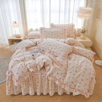 缦彩 2025新款全棉纯棉夹棉公主风花边床裙四件套 雾岛听风-粉