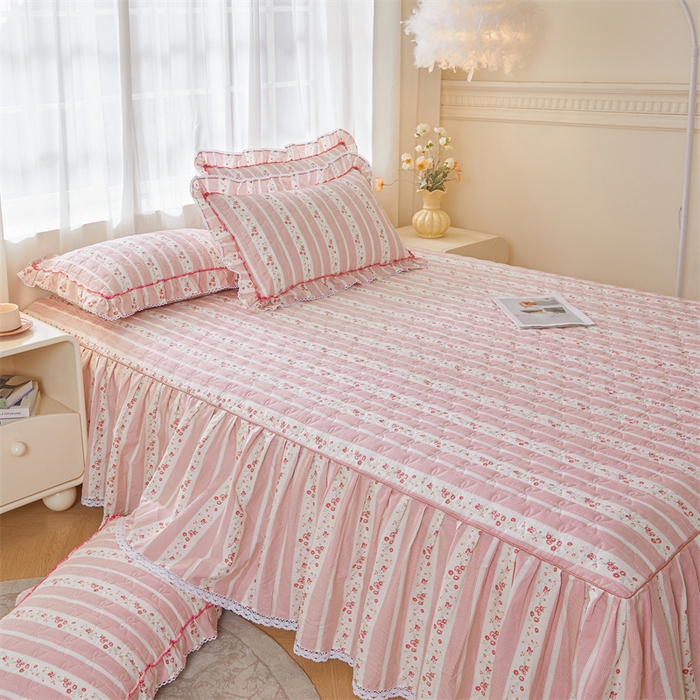 91家纺网 家纺一手货源 找家纺 缦彩 2025新款韩版A类全棉公主风纯棉夹棉床裙 多丽粉