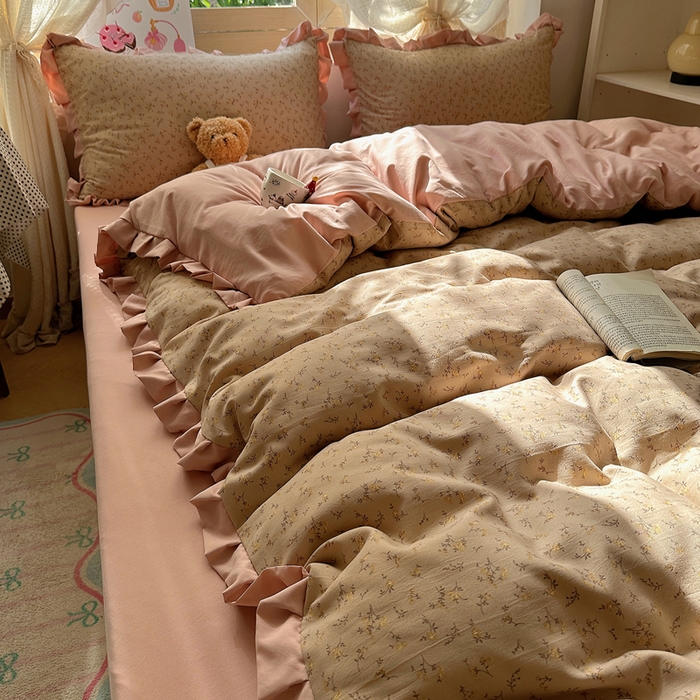 91家纺网 家纺一手货源 找家纺 韩巢家纺 2025新款针织双层纱花边款被套直播热销款四件套学生宿舍床单三件套-（提供卖家秀） 问秋棕