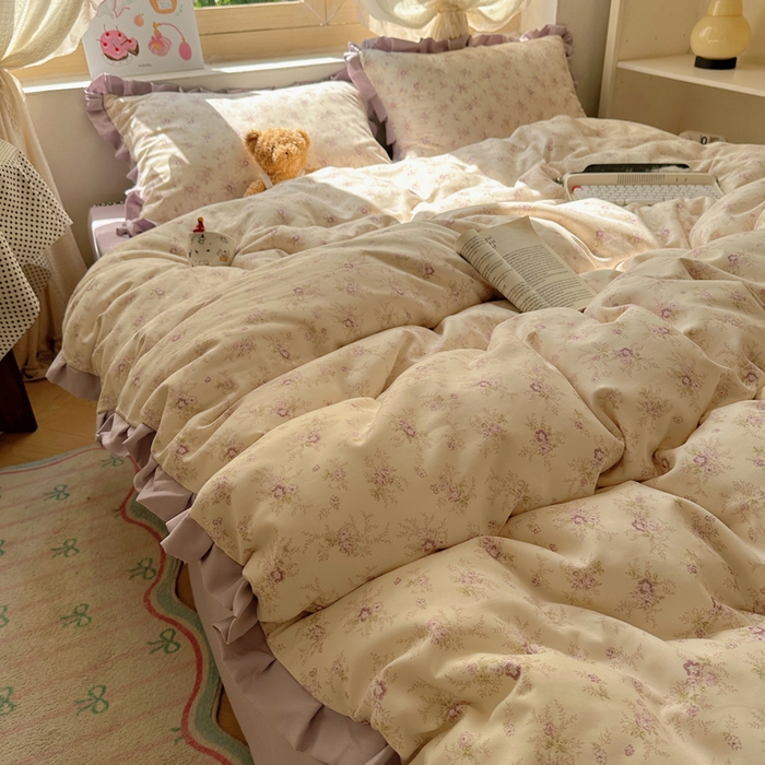 91家纺网 家纺一手货源 找家纺 韩巢家纺 2025新款针织双层纱花边款被套直播热销款四件套学生宿舍床单三件套-（提供卖家秀） 春意花开