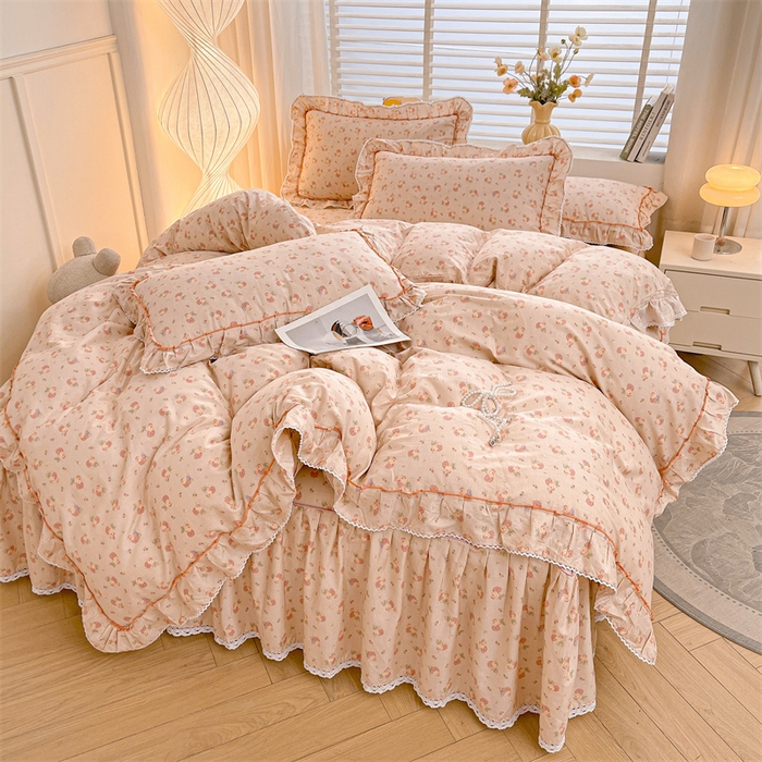 91家纺网 家纺一手货源 找家纺 缦彩 2025新款韩版公主风纯棉全棉床裙四件套 沫沫小姐桔