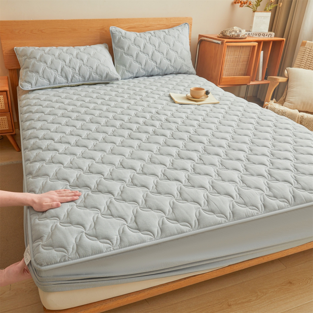 91家纺网 家纺一手货源 找家纺 多谷家纺 2026新款纯棉全棉色织水洗棉大豆夹棉床笠三件套 雾霾蓝