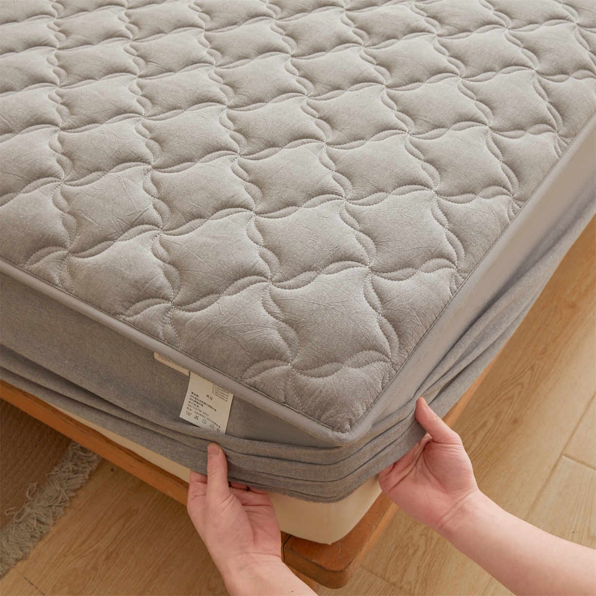 91家纺网 家纺一手货源 找家纺 多谷家纺 2026新款纯棉全棉色织水洗棉大豆夹棉床笠三件套 安娜灰