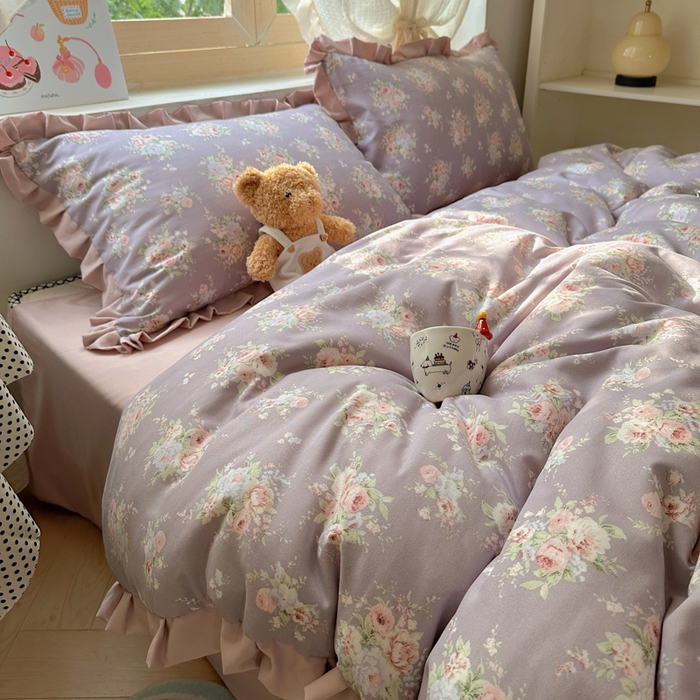 91家纺网 家纺一手货源 找家纺 韩巢家纺 2025新款针织双层纱花边款被套直播热销款四件套学生宿舍床单三件套-（提供卖家秀） 悠然紫