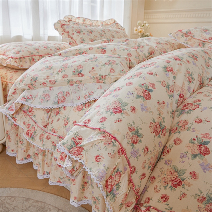 91家纺网 家纺一手货源 找家纺 缦彩 2025新款全棉纯棉夹棉公主风花边床裙四件套 蒂芙尼