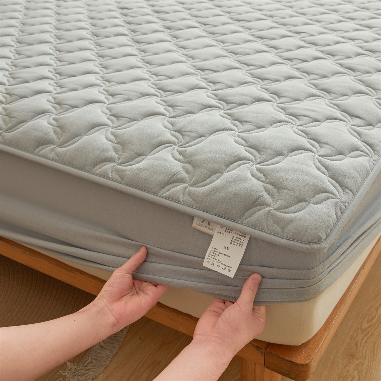 91家纺网 家纺一手货源 找家纺 多谷家纺 2026新款纯棉全棉色织水洗棉大豆夹棉床笠三件套 雾霾蓝