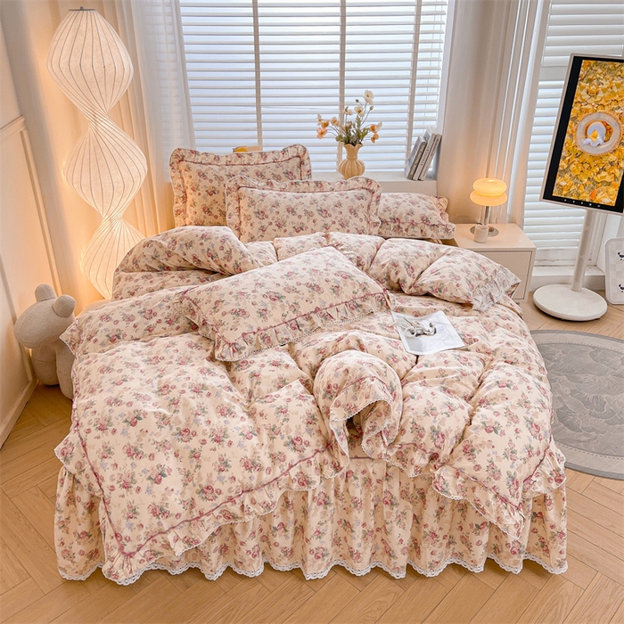 91家纺网 家纺一手货源 找家纺 缦彩 2025新款韩版公主风纯棉全棉床裙四件套 蒂芙尼