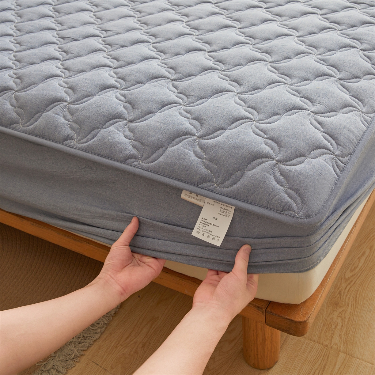 91家纺网 家纺一手货源 找家纺 多谷家纺 2026新款纯棉全棉色织水洗棉大豆夹棉床笠三件套浅牛仔蓝