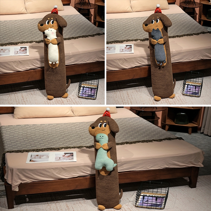 91家纺网 家纺一手货源 找家纺 仟亿莱 2025春夏新款抱娃腊肠狗长条睡觉抱枕 组合图仅供参考