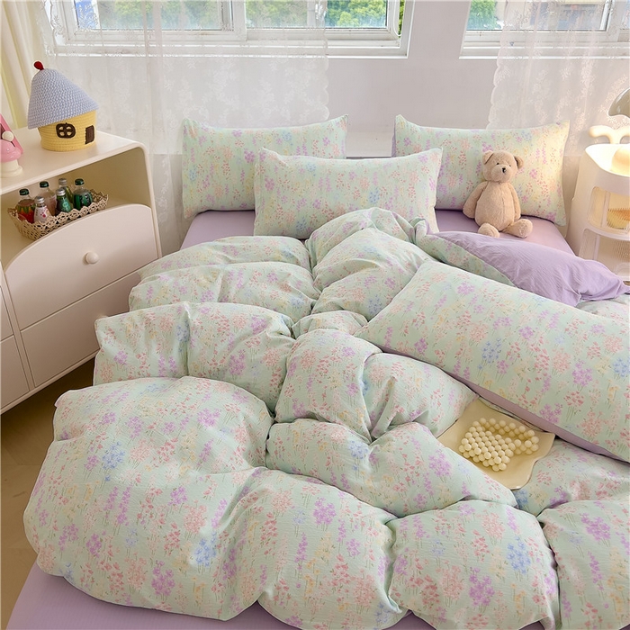 91家纺网 家纺一手货源 找家纺 优品阁 2025新款云感皱皱纱四件套 薰衣草