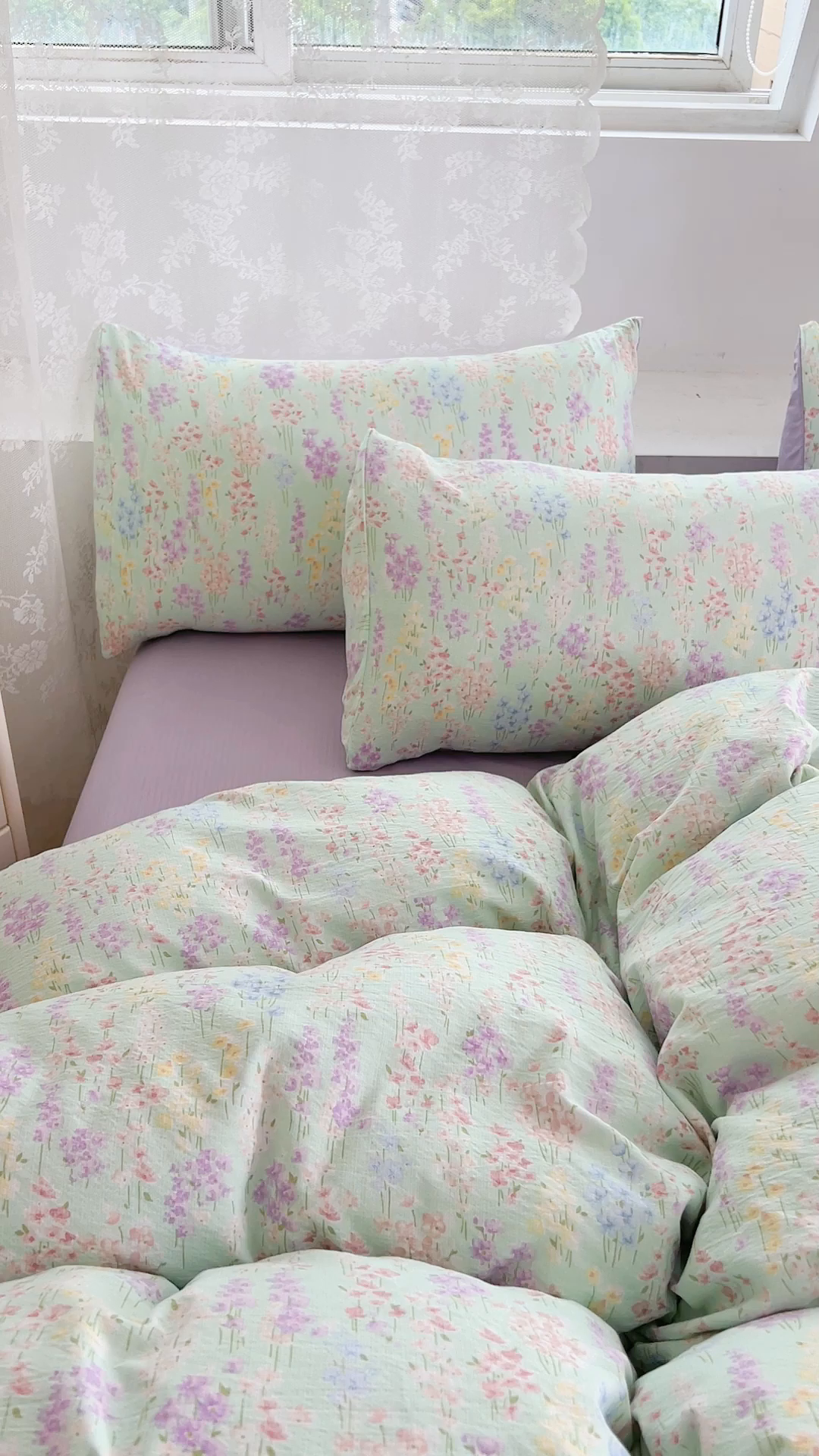 91家纺网 家纺一手货源 找家纺 优品阁 2025新款云感皱皱纱四件套 薰衣草