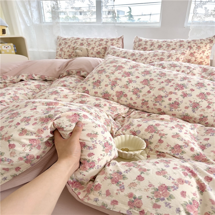 91家纺网 家纺一手货源 找家纺 优品阁 2025新款云感皱皱纱四件套 蔷薇花园