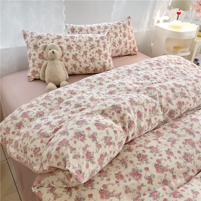 91家纺网 家纺一手货源 找家纺 优品阁 2025新款云感皱皱纱四件套 蔷薇花园