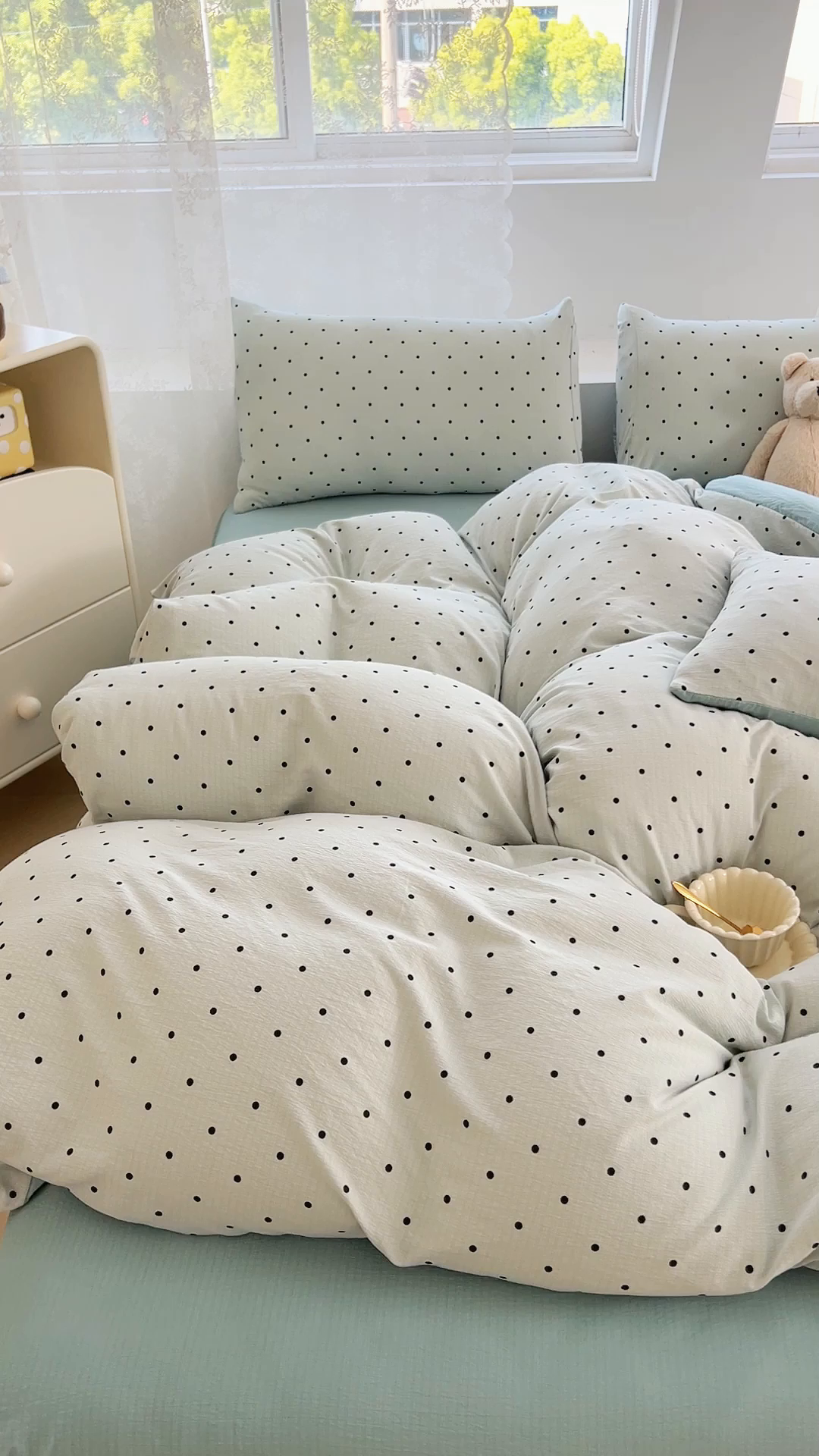 91家纺网 家纺一手货源 找家纺 优品阁 2025新款云感皱皱纱四件套 抹茶波波