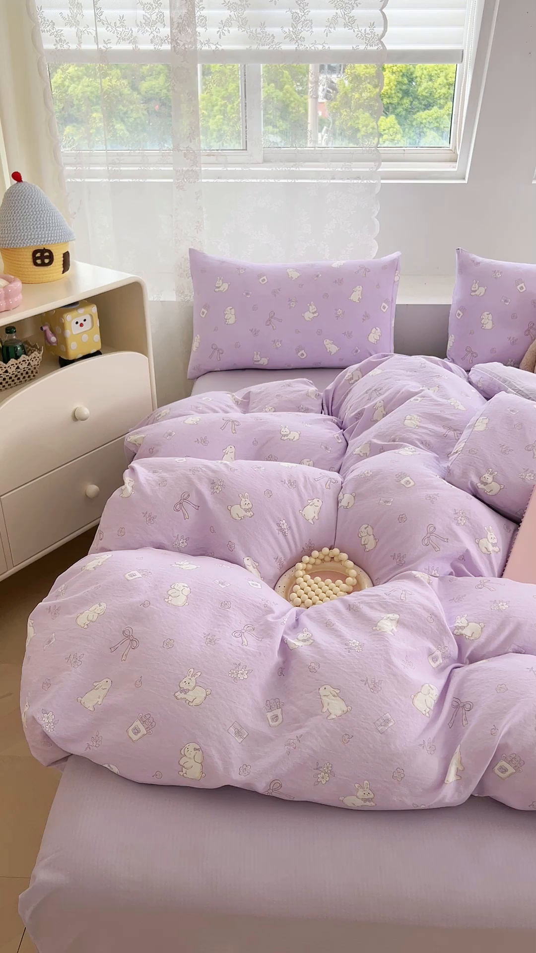 91家纺网 家纺一手货源 找家纺 优品阁 2025新款云感皱皱纱四件套 快乐兔