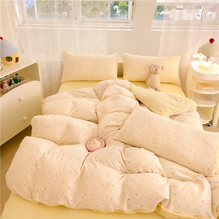 91家纺网 家纺一手货源 找家纺 优品阁 2025新款云感皱皱纱四件套 彩色波点