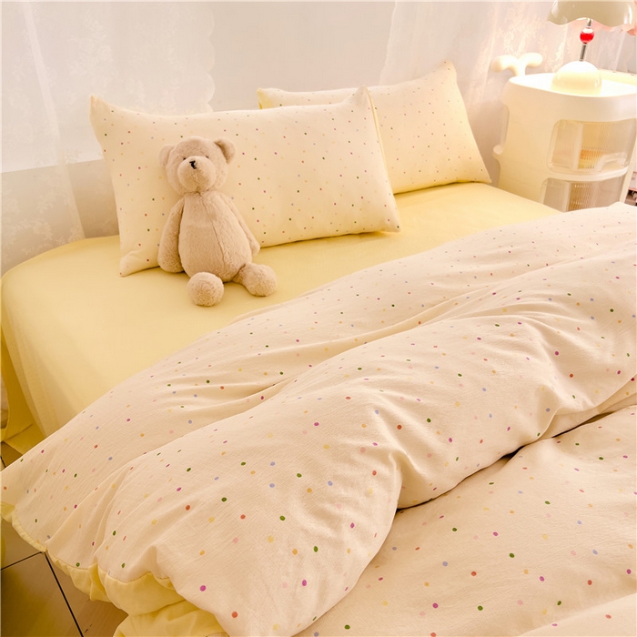 91家纺网 家纺一手货源 找家纺 优品阁 2025新款云感皱皱纱四件套 彩色波点