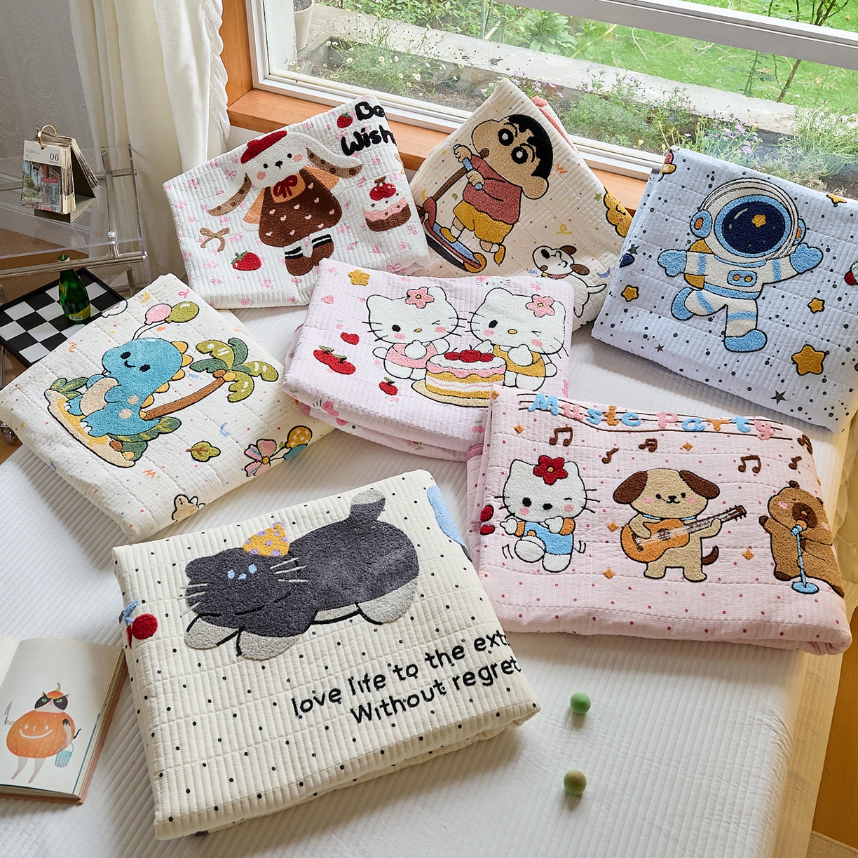 91家纺网 家纺一手货源 找家纺 鑫喜莱家纺 2025新款毛巾绣云朵棉床盖三件套 组合图仅供展示