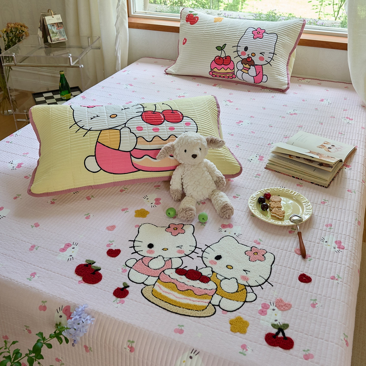 鑫喜莱家纺 2025新款毛巾绣云朵棉床盖三件套 蛋糕猫咪