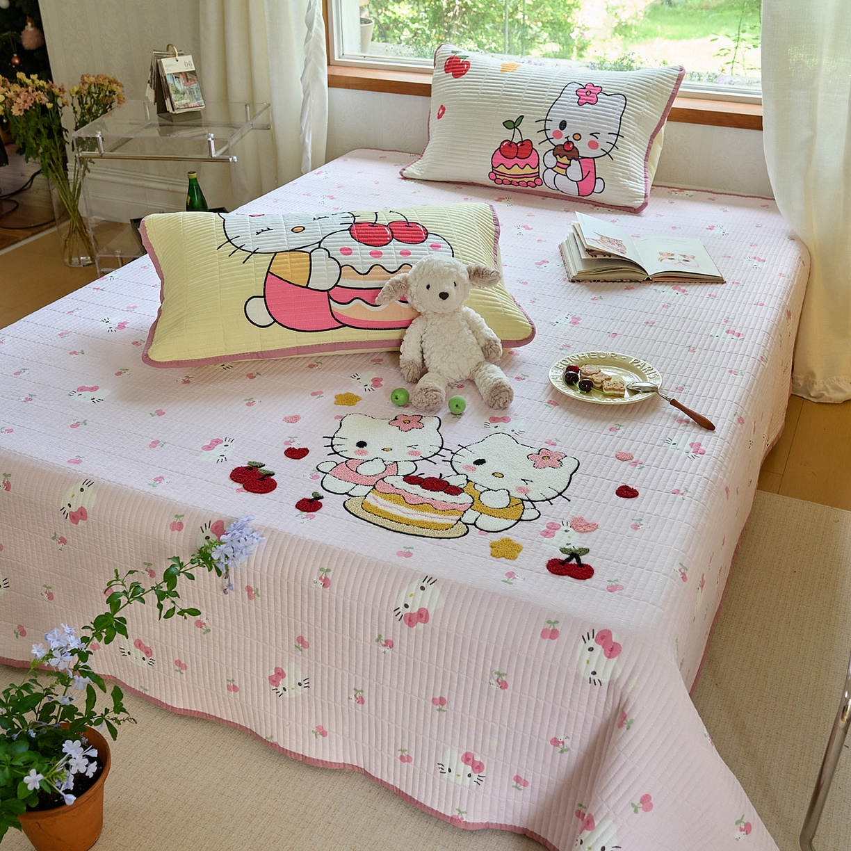 91家纺网 家纺一手货源 找家纺 鑫喜莱家纺 2025新款毛巾绣云朵棉床盖三件套 蛋糕猫咪