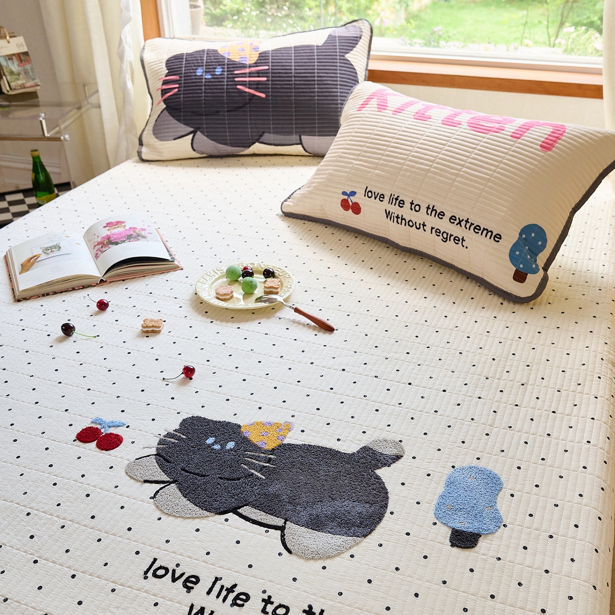 91家纺网 家纺一手货源 找家纺 鑫喜莱家纺 2025新款毛巾绣云朵棉床盖三件套 胖猫