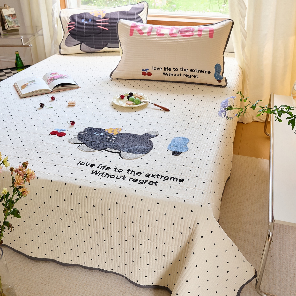 91家纺网 家纺一手货源 找家纺 鑫喜莱家纺 2025新款毛巾绣云朵棉床盖三件套 胖猫