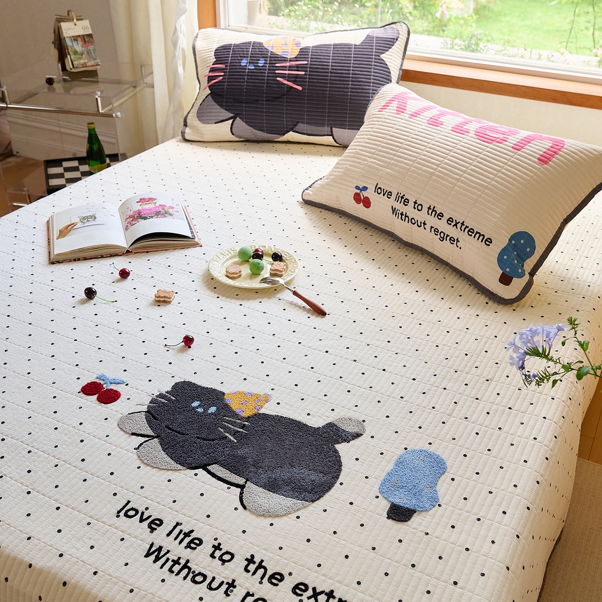 91家纺网 家纺一手货源 找家纺 鑫喜莱家纺 2025新款毛巾绣云朵棉床盖三件套 胖猫