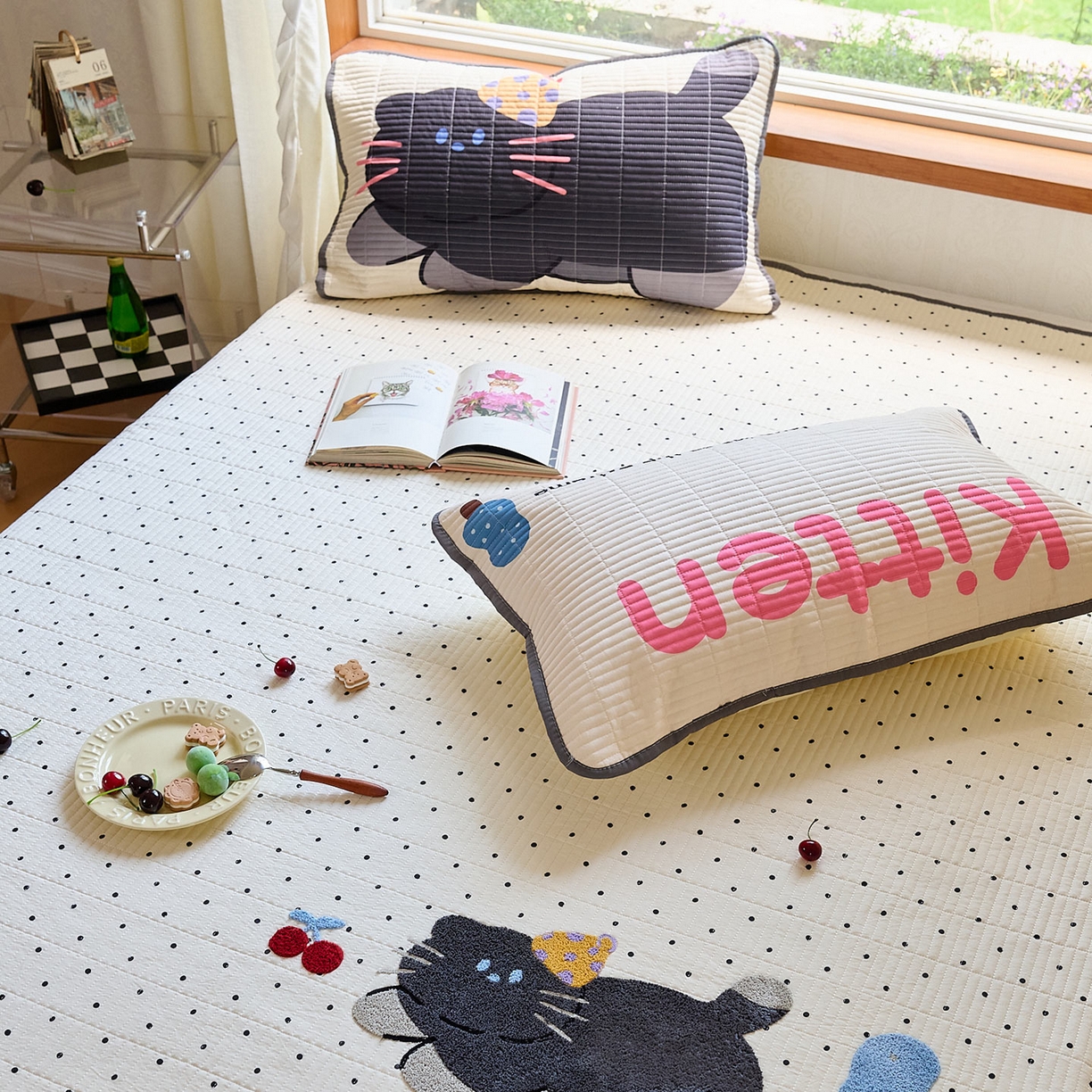 91家纺网 家纺一手货源 找家纺 鑫喜莱家纺 2025新款毛巾绣云朵棉床盖三件套 胖猫