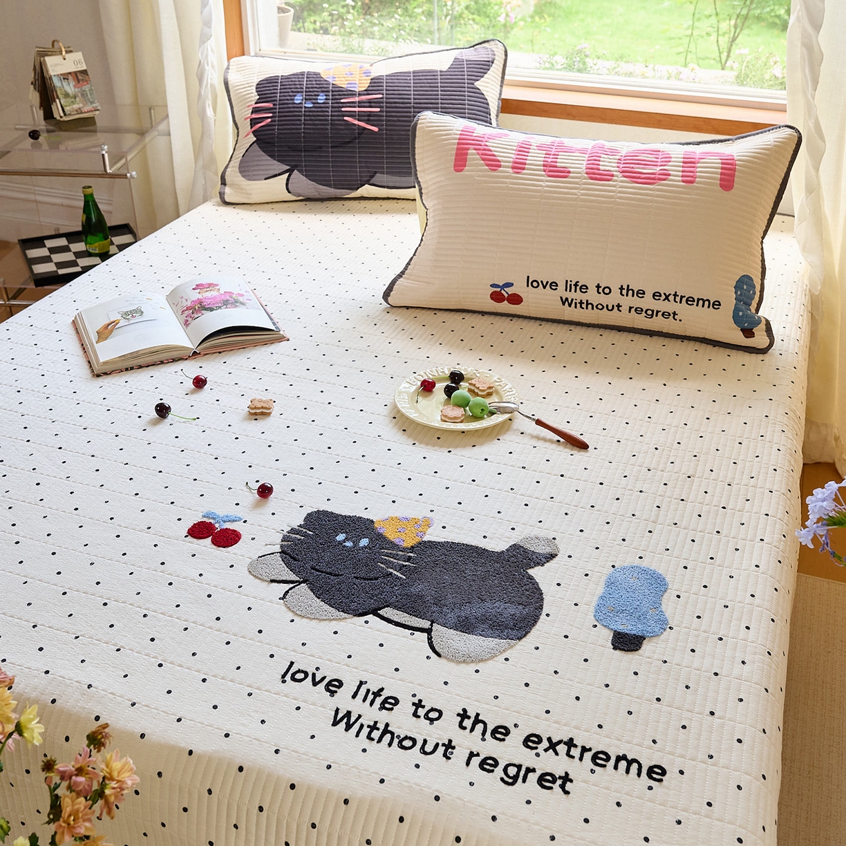 91家纺网 家纺一手货源 找家纺 鑫喜莱家纺 2025新款毛巾绣云朵棉床盖三件套 胖猫