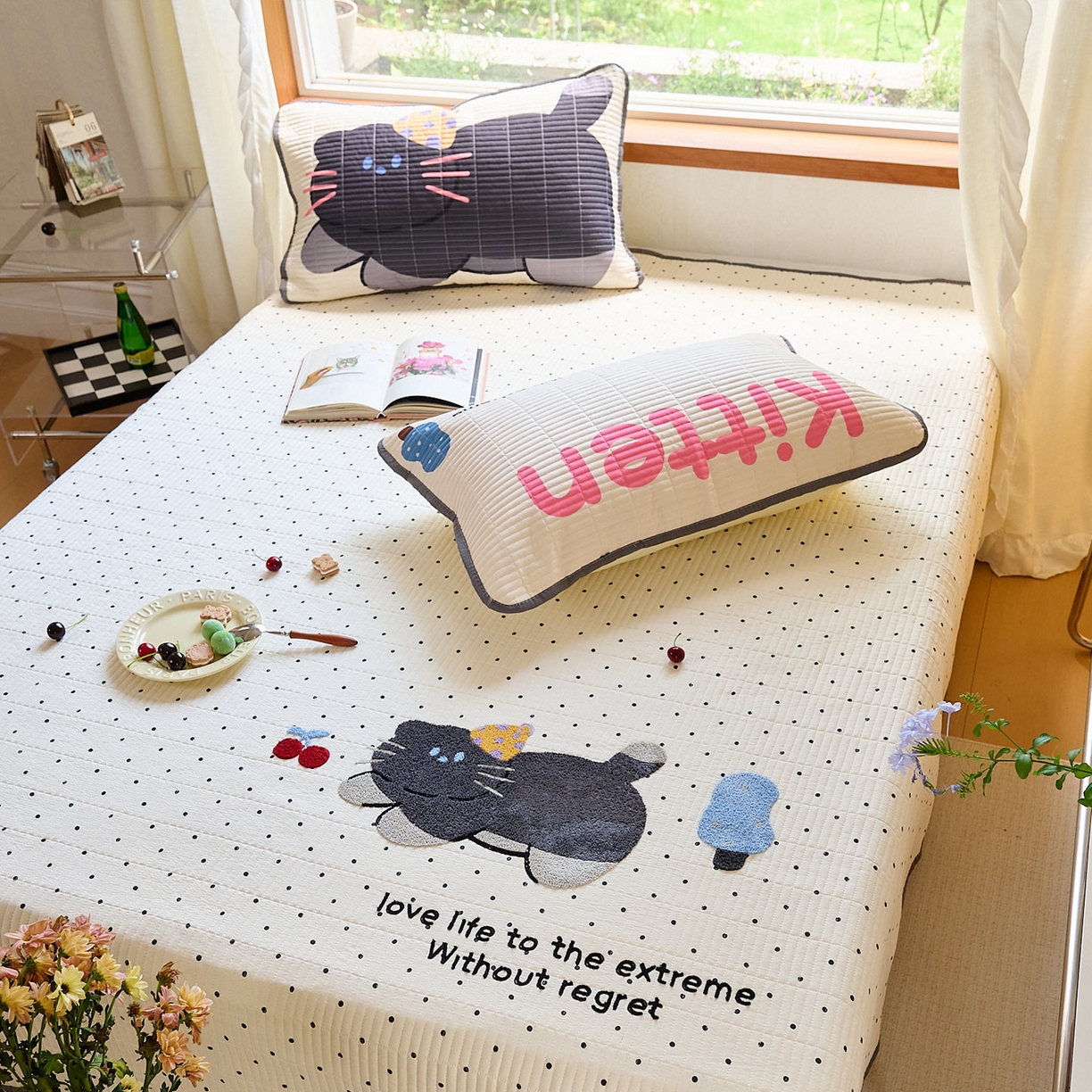 91家纺网 家纺一手货源 找家纺 鑫喜莱家纺 2025新款毛巾绣云朵棉床盖三件套 胖猫