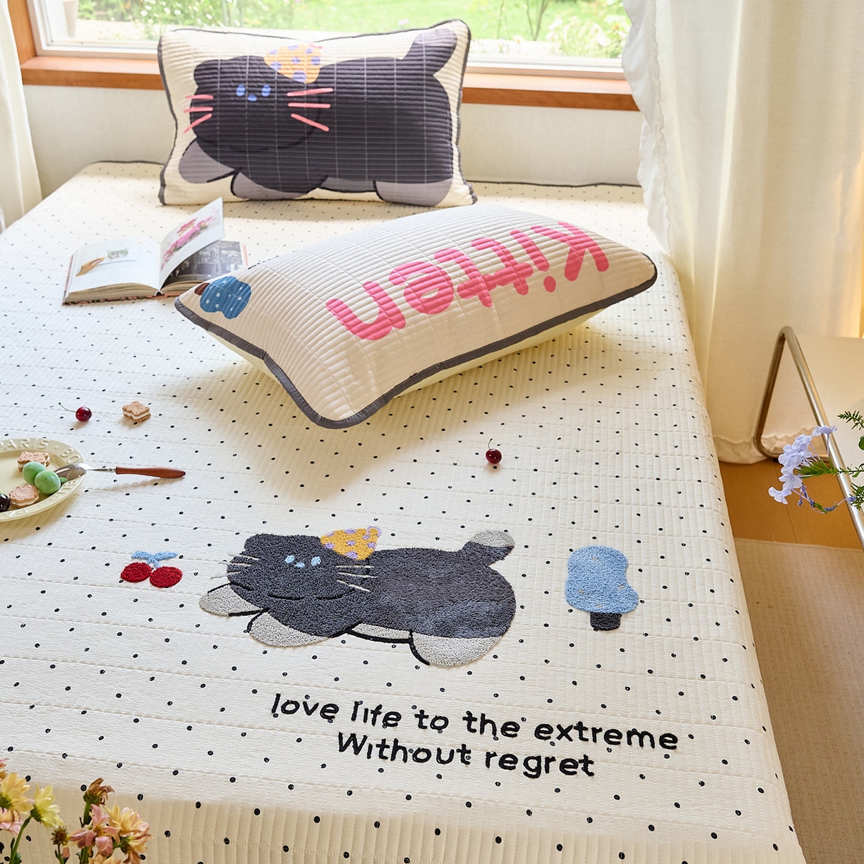 91家纺网 家纺一手货源 找家纺 鑫喜莱家纺 2025新款毛巾绣云朵棉床盖三件套 胖猫