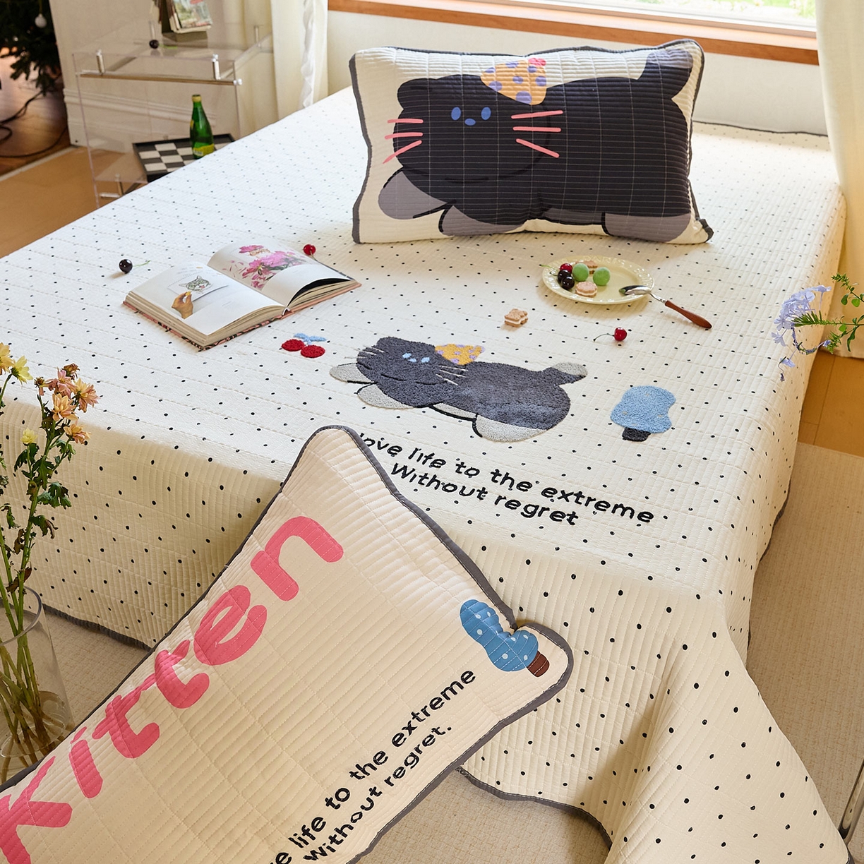 91家纺网 家纺一手货源 找家纺 鑫喜莱家纺 2025新款毛巾绣云朵棉床盖三件套 胖猫