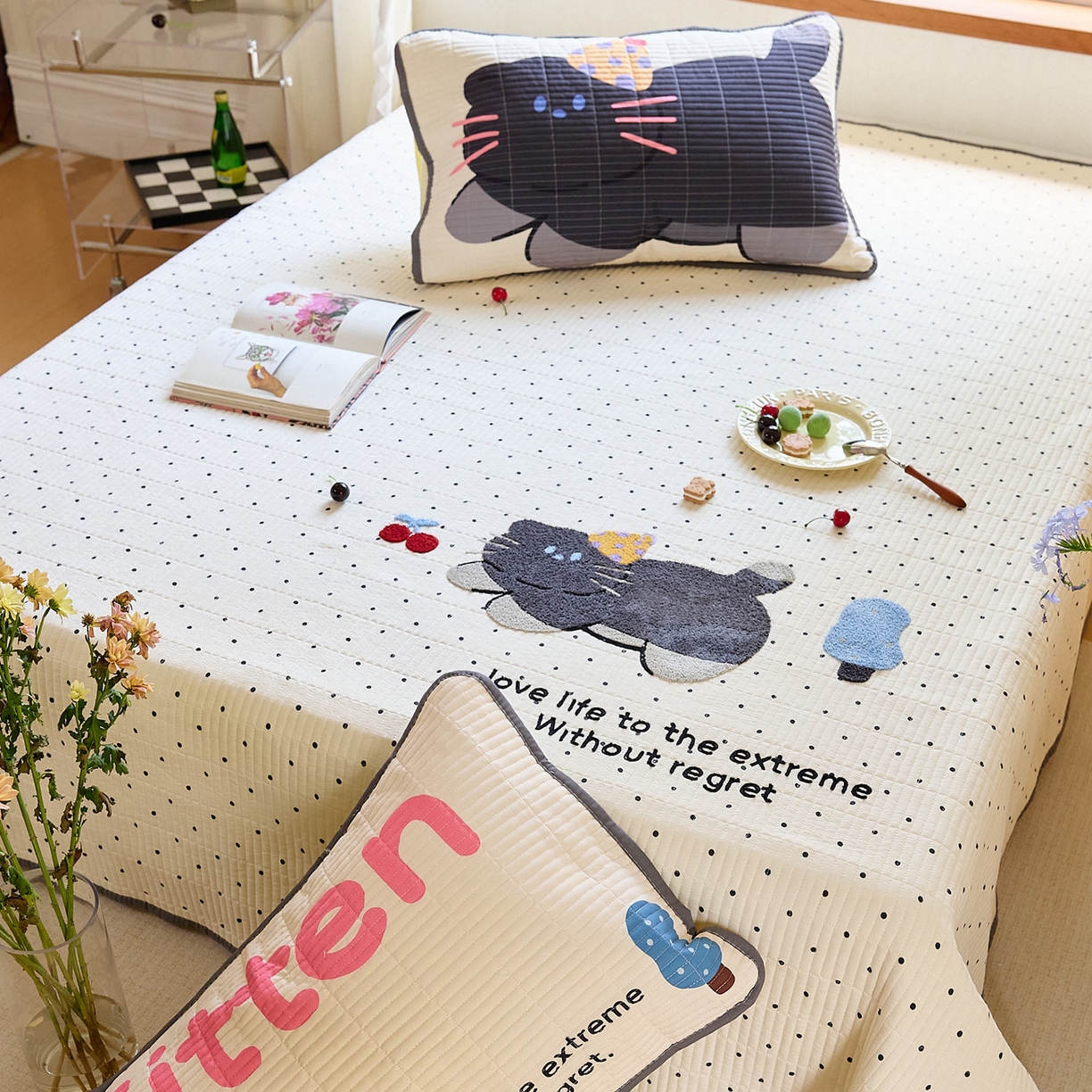 91家纺网 家纺一手货源 找家纺 鑫喜莱家纺 2025新款毛巾绣云朵棉床盖三件套 胖猫