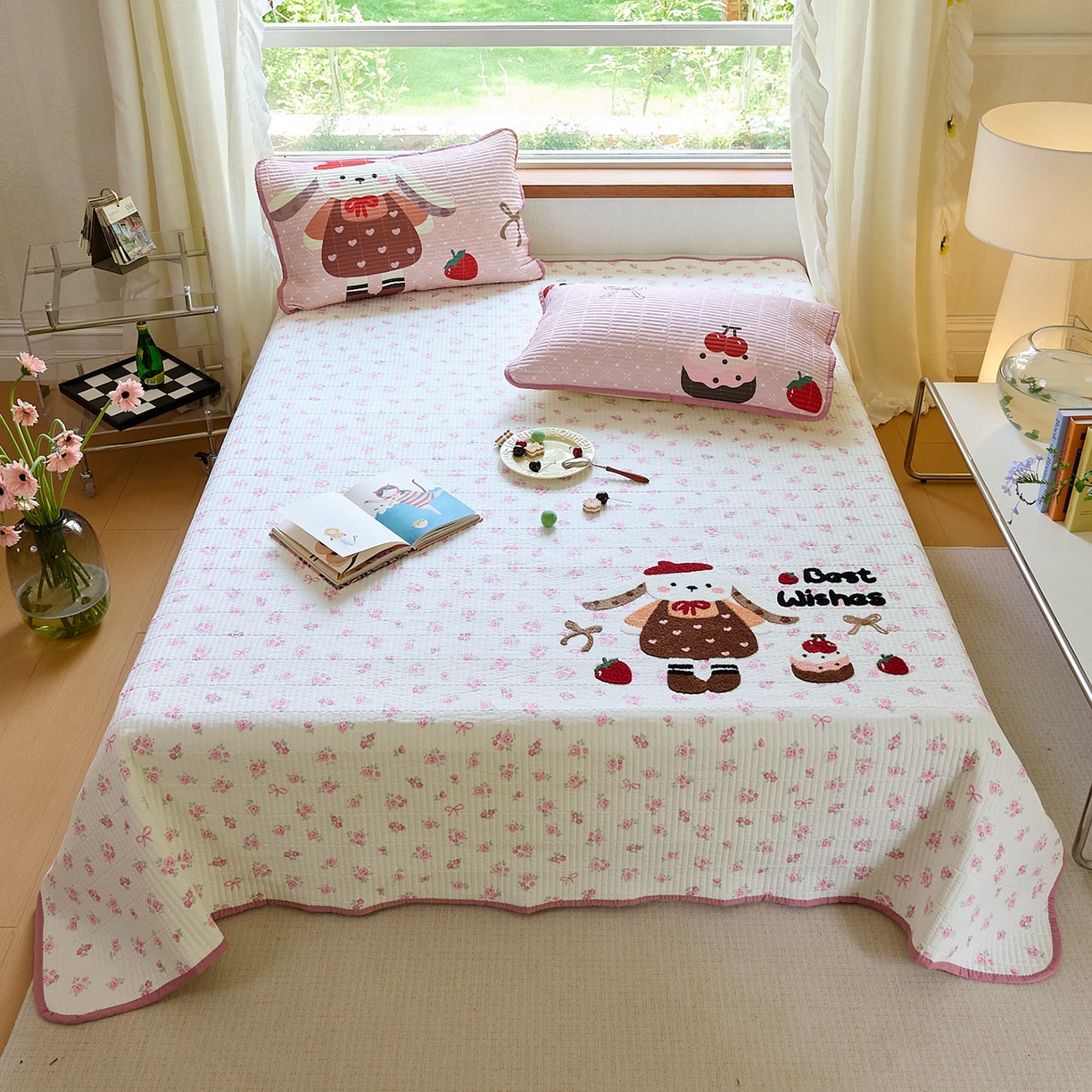 鑫喜莱家纺 2025新款毛巾绣云朵棉床盖三件套 软萌垂耳兔