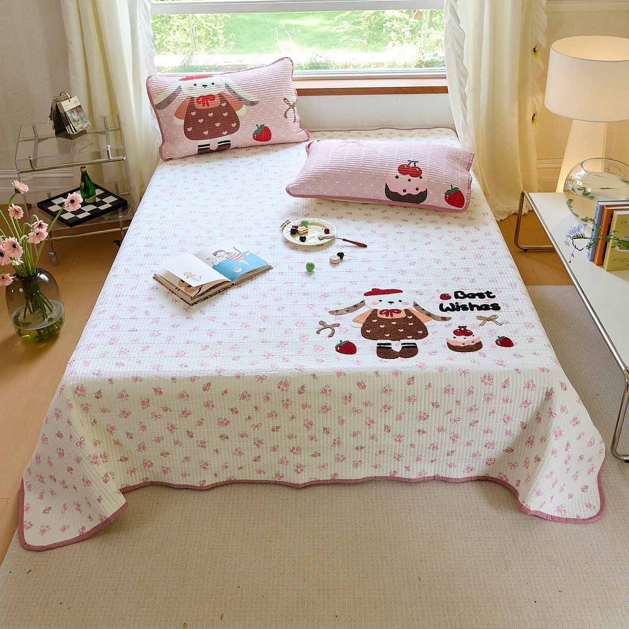 91家纺网 家纺一手货源 找家纺 鑫喜莱家纺 2025新款毛巾绣云朵棉床盖三件套 软萌垂耳兔