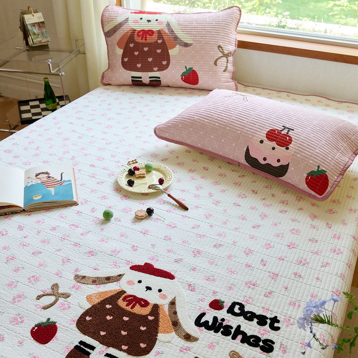 91家纺网 家纺一手货源 找家纺 鑫喜莱家纺 2025新款毛巾绣云朵棉床盖三件套 软萌垂耳兔