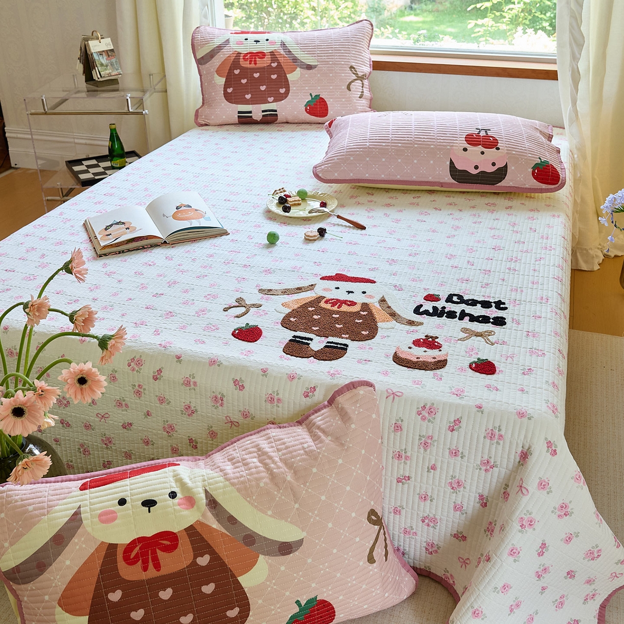 91家纺网 家纺一手货源 找家纺 鑫喜莱家纺 2025新款毛巾绣云朵棉床盖三件套 软萌垂耳兔