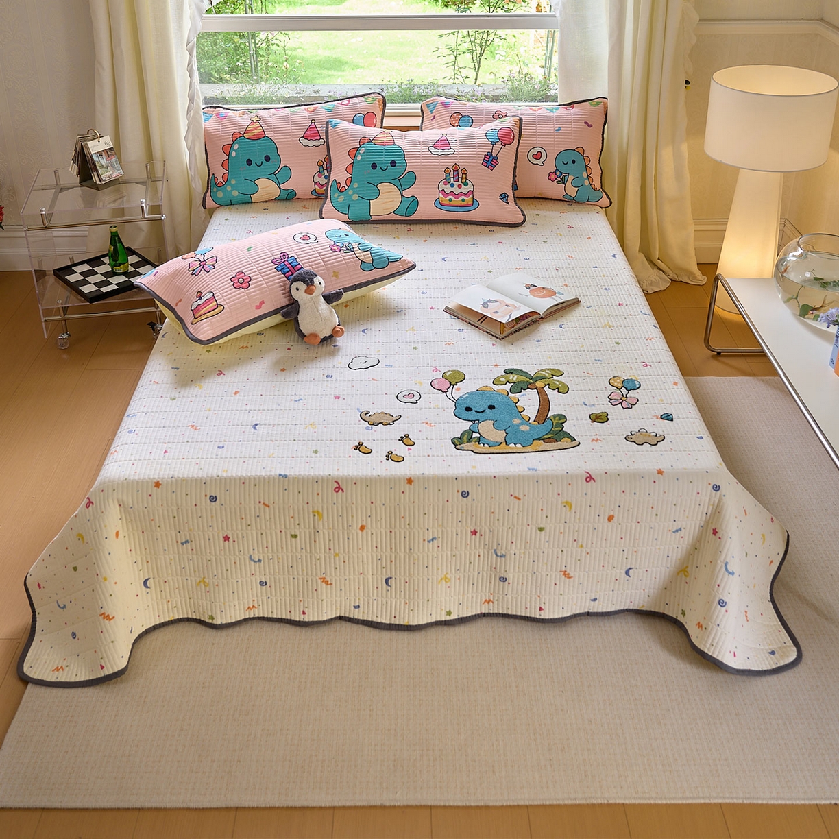 鑫喜莱家纺 2025新款毛巾绣云朵棉床盖三件套 椰岛恐龙