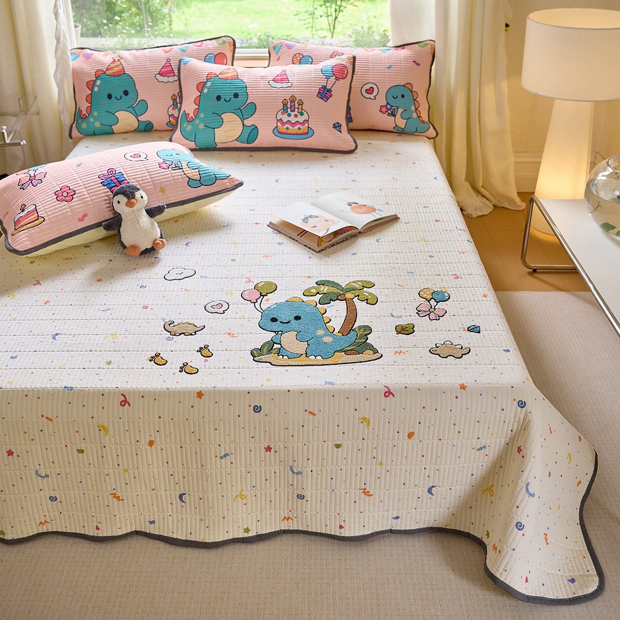 91家纺网 家纺一手货源 找家纺 鑫喜莱家纺 2025新款毛巾绣云朵棉床盖三件套 椰岛恐龙