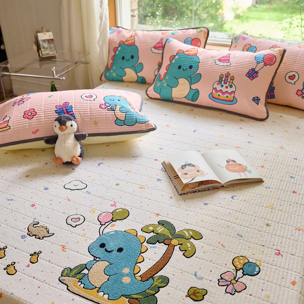 91家纺网 家纺一手货源 找家纺 鑫喜莱家纺 2025新款毛巾绣云朵棉床盖三件套 椰岛恐龙