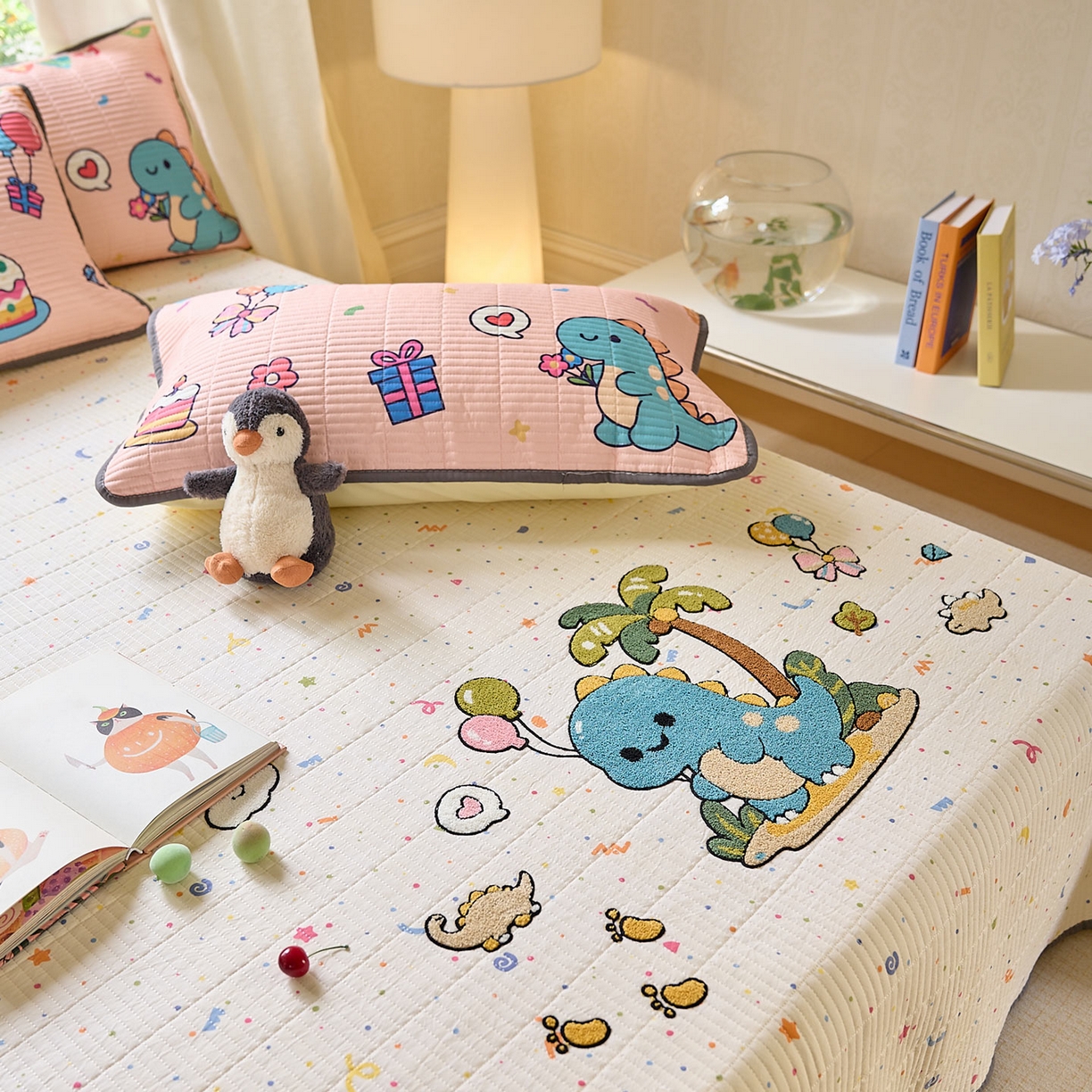 91家纺网 家纺一手货源 找家纺 鑫喜莱家纺 2025新款毛巾绣云朵棉床盖三件套 椰岛恐龙