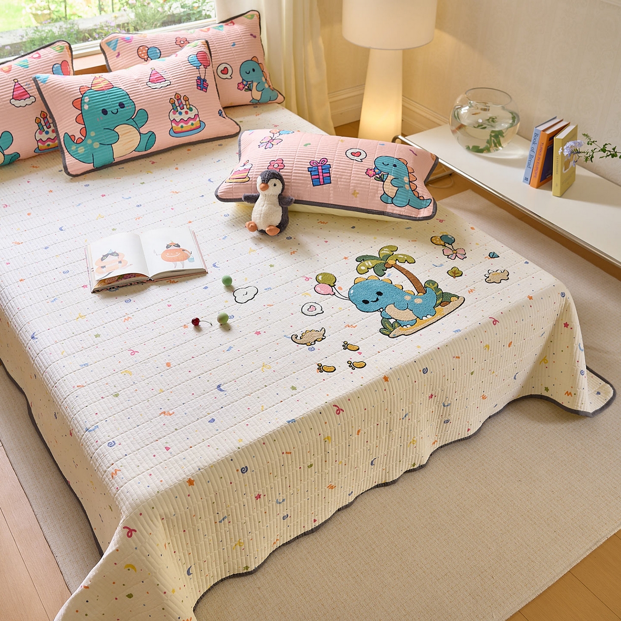 91家纺网 家纺一手货源 找家纺 鑫喜莱家纺 2025新款毛巾绣云朵棉床盖三件套 椰岛恐龙