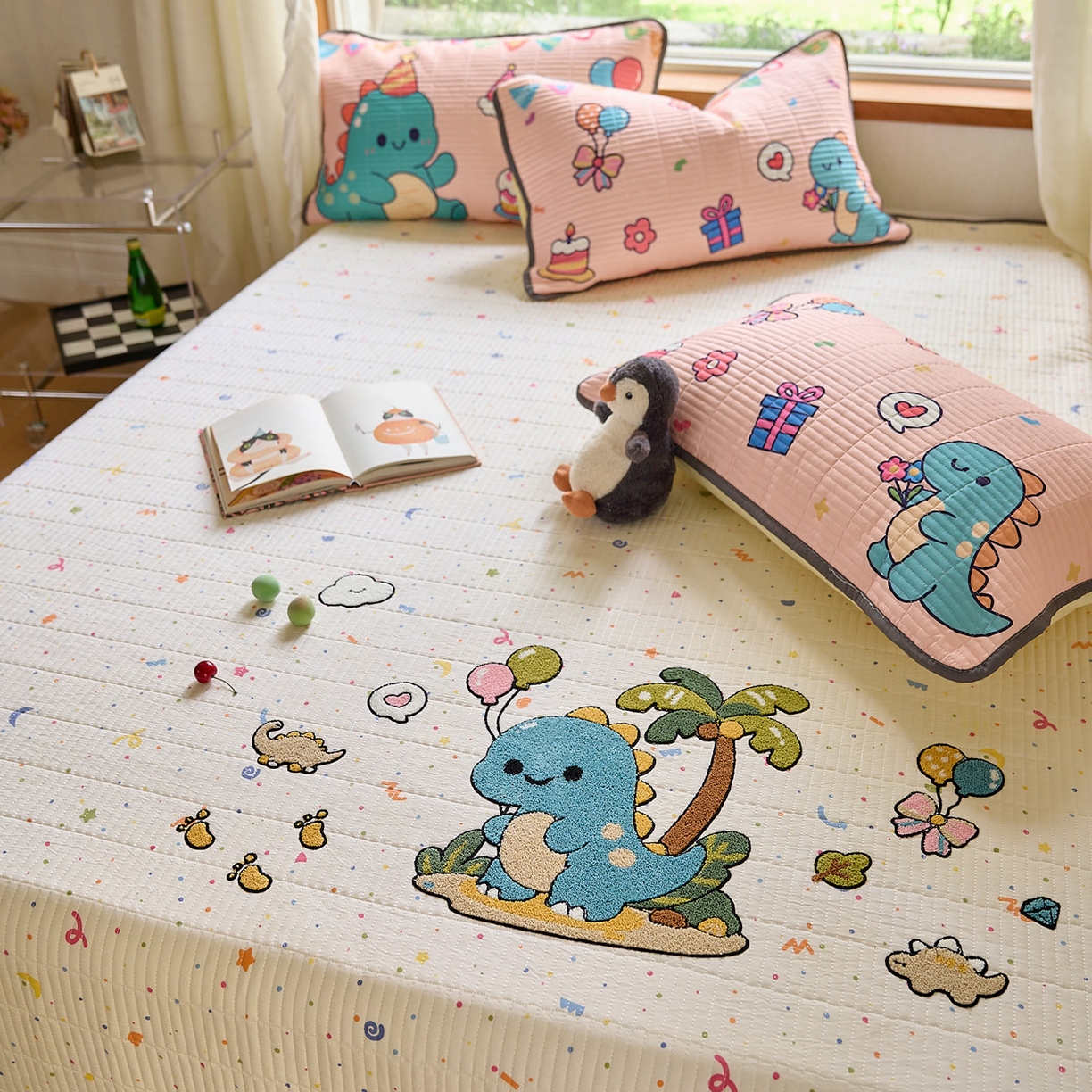 91家纺网 家纺一手货源 找家纺 鑫喜莱家纺 2025新款毛巾绣云朵棉床盖三件套 椰岛恐龙